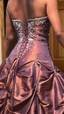 Ndyad Red Brown Strapless A-Line Satin Beaded Long Prom Dresses HZ1024