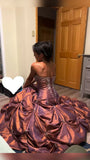 Ndyad Red Brown Strapless A-Line Satin Beaded Long Prom Dresses HZ1024