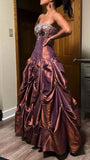 Ndyad Red Brown Strapless A-Line Satin Beaded Long Prom Dresses HZ1024