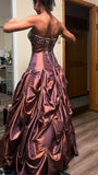 Ndyad Red Brown Strapless A-Line Satin Beaded Long Prom Dresses HZ1024