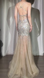 Ndyad Spaghetti Straps Glitter Sequin Mermaid Elegant Formal Evening Dress Tulle V-Neck Backless Long Prom Dresses HZ1024