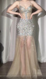 Ndyad Spaghetti Straps Glitter Sequin Mermaid Elegant Formal Evening Dress Tulle V-Neck Backless Long Prom Dresses HZ1024