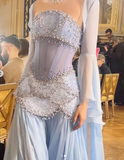 Ndyad Purple Sheath Tulle Beaded Sleeves Long Prom Dresses HZ1024