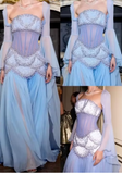 Ndyad Purple Sheath Tulle Beaded Sleeves Long Prom Dresses HZ1024