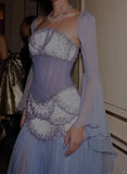 Ndyad Purple Sheath Tulle Beaded Sleeves Long Prom Dresses HZ1024