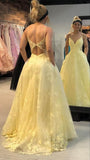 Ndyad Yellow Spaghetti Straps Tulle Lace Applique A-Line Wedding Dress Formal Evening Dress HZ1024