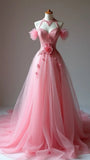 Ndyad V-neck A-Line Tulle Sleeveless Train Wedding Dresses with Lace Appliques HZ1024