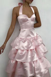 Ndyad A-Line Halter Prom Dress Tiered Satin Empire-Waist Sleeveless Party Dress 22nd Birthday Dress with Bow HZ1024