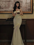 Ndyad Yellow Chiffon Mermaid Evening Dress Chic Strapless Party Dress HZ1024