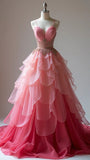 Ndyad Gradient Peach Spaghetti Straps Chiffon A-Line Beading Wedding Dress Long Prom Dresses HZ1024