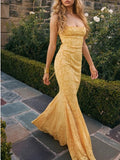 Ndyad Yellow Mermaid Spaghetti Straps Prom Dresses Lace Applique Open Back Evening Dress HZ1024