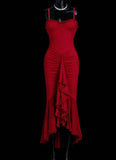 Ndyad Red Chiffon Spaghetti Straps Mermaid Party Dresses HZ1024