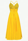 Ndyad Yellow Spaghetti Straps Satin A-Line Sleeveless Party Dresses with Slits HZ1024