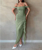 Ndyad Sage Green Spaghetti Strap Sheath Chiffon Ruffles Evening Dress HZ1024