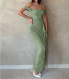 Ndyad Sage Green Spaghetti Strap Sheath Chiffon Ruffles Evening Dress HZ1024