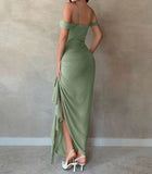 Ndyad Sage Green Spaghetti Strap Sheath Chiffon Ruffles Evening Dress HZ1024