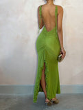 Ndyad Green V-Neck Mermaid Chiffon Backless Fashion Dress HZ1024