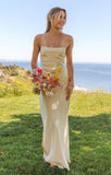Ndyad Yellow Spaghetti Strap Fashion Dress Backless Satin Evening Dress for Bridesmaids HZ1024