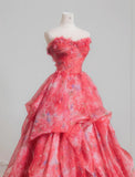 Ndyad Red A-Line Strapless Printed Tulle Wedding Dress Sweet Long Prom Dresses HZ1024