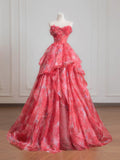 Ndyad Red A-Line Strapless Printed Tulle Wedding Dress Sweet Long Prom Dresses HZ1024