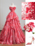 Ndyad Red A-Line Strapless Printed Tulle Wedding Dress Sweet Long Prom Dresses HZ1024