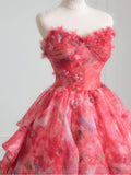 Ndyad Red A-Line Strapless Printed Tulle Wedding Dress Sweet Long Prom Dresses HZ1024