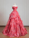 Ndyad Red A-Line Strapless Printed Tulle Wedding Dress Sweet Long Prom Dresses HZ1024