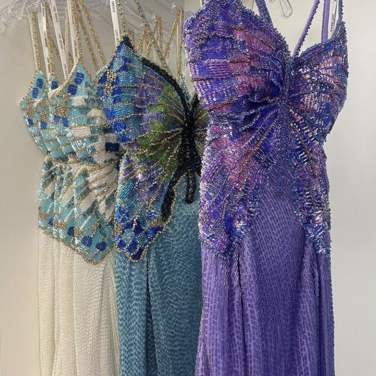 Ndyad Purple Chiffon Beaded Sheath Elegant Backless Prom Dresses with Slits HZ1024