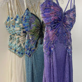 Ndyad Purple Chiffon Beaded Sheath Elegant Backless Prom Dresses with Slits HZ1024