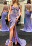 Ndyad Purple Chiffon Beaded Sheath Elegant Backless Prom Dresses with Slits HZ1024