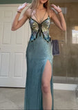 Ndyad Purple Chiffon Beaded Sheath Elegant Backless Prom Dresses with Slits HZ1024