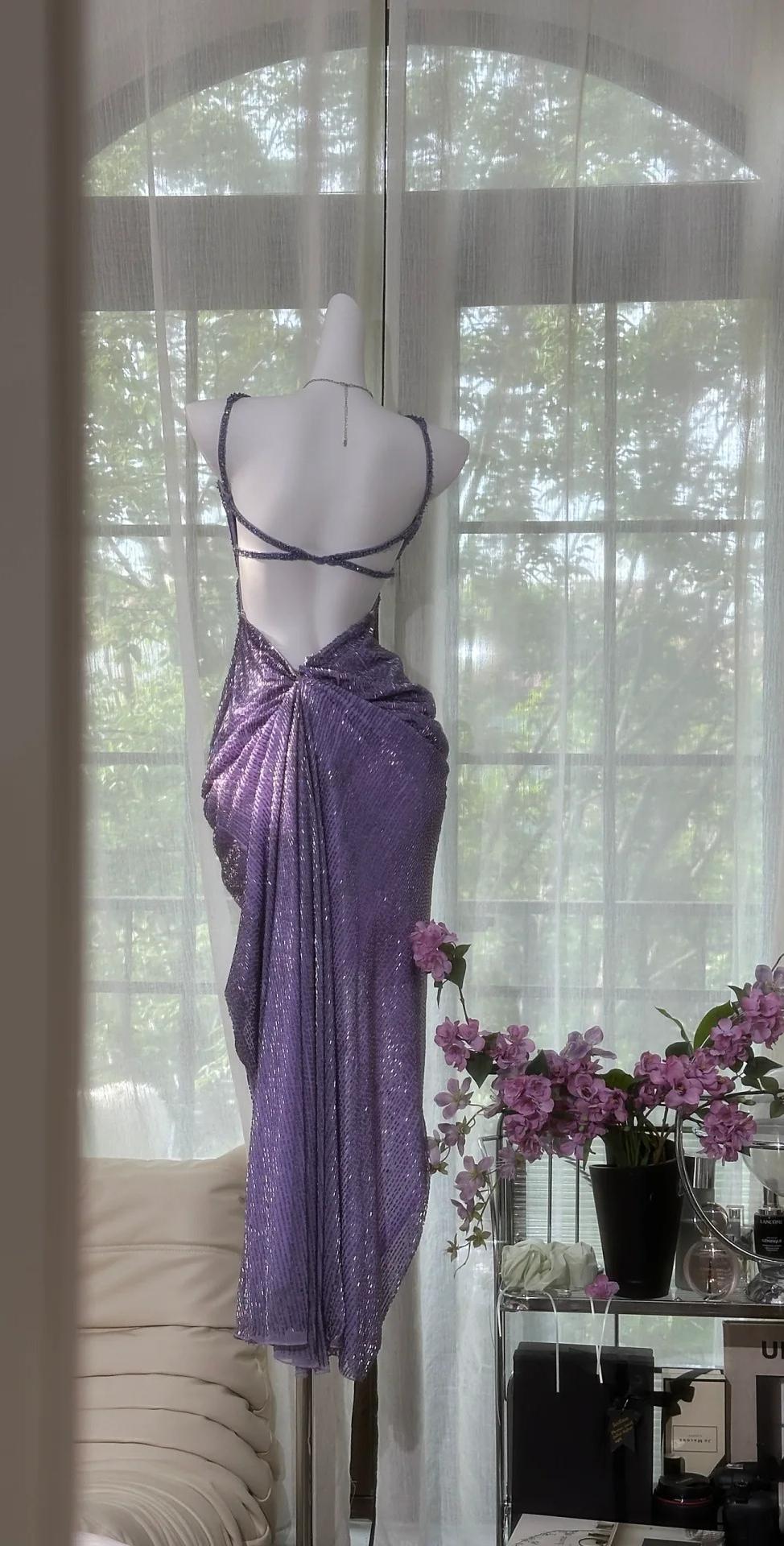 Ndyad Purple Chiffon Beaded Sheath Elegant Backless Prom Dresses with Slits HZ1024
