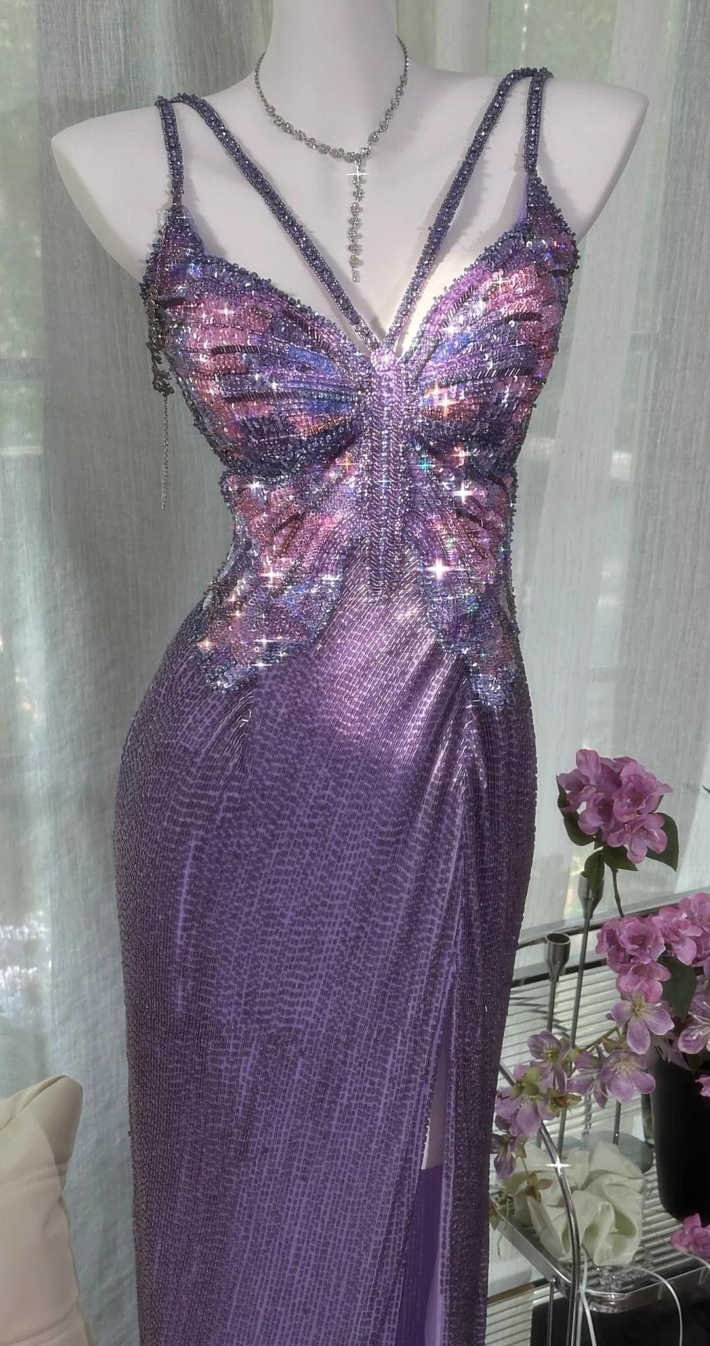 Ndyad Purple Chiffon Beaded Sheath Elegant Backless Prom Dresses with Slits HZ1024