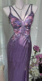 Ndyad Purple Chiffon Beaded Sheath Elegant Backless Prom Dresses with Slits HZ1024