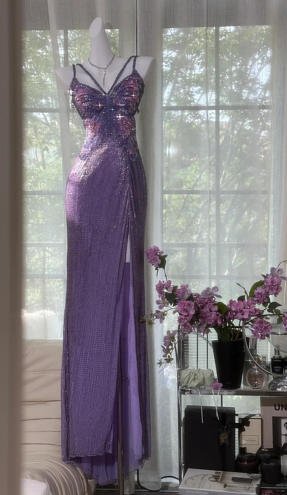 Ndyad Purple Chiffon Beaded Sheath Elegant Backless Prom Dresses with Slits HZ1024