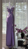 Ndyad Purple Chiffon Beaded Sheath Elegant Backless Prom Dresses with Slits HZ1024
