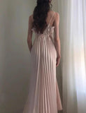 Ndyad Champagne Spaghetti Straps Guest Dresses Sheath Pleated Chiffon Fashion Prom Dress with Backless HZ1024