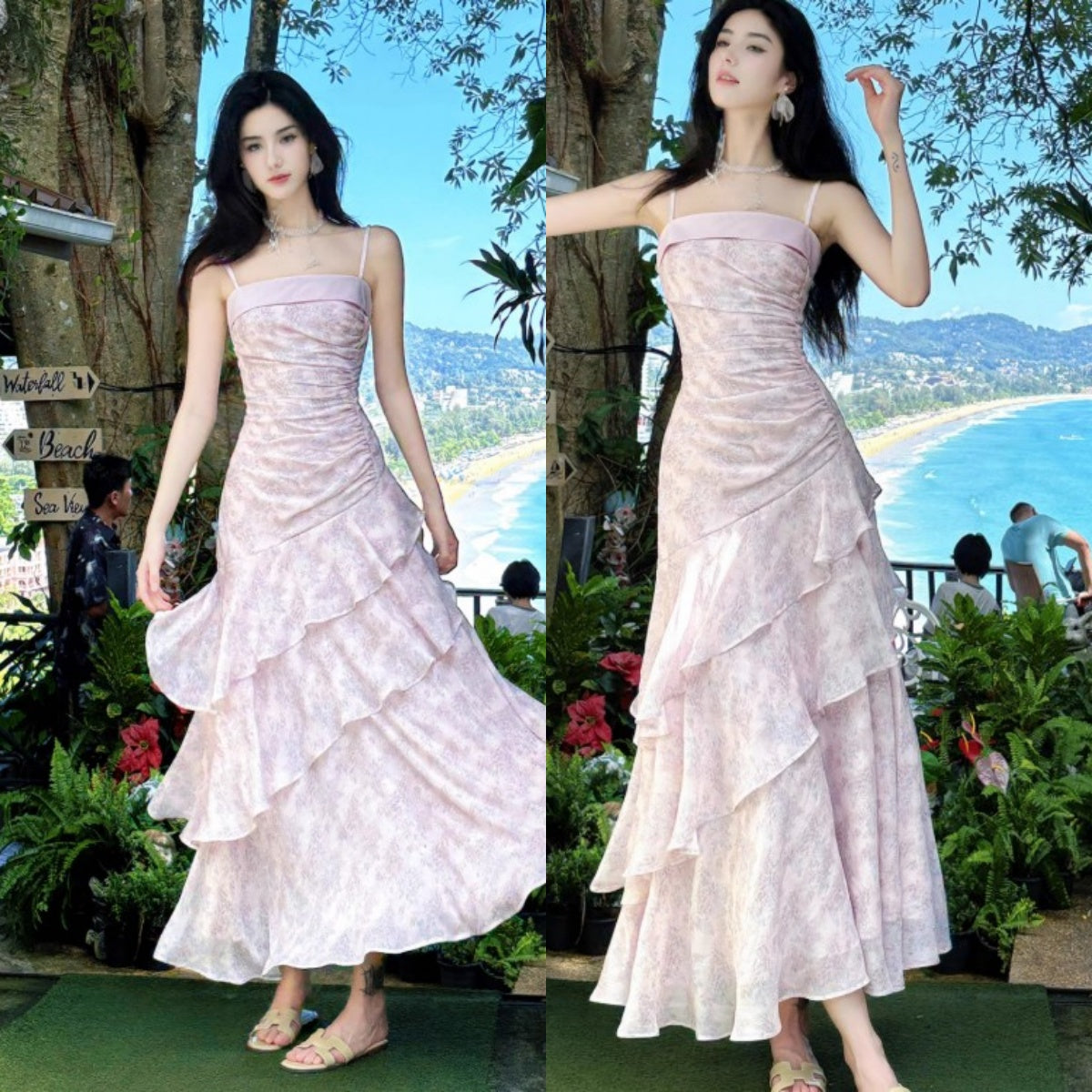 Ndyad Pink Spaghetti Straps Long Prom Dress Formal Dresses Chiffon Ruffles Layered Stunning 18th Birthday Party Dresses HZ1024