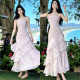 Ndyad Pink Spaghetti Straps Long Prom Dress Formal Dresses Chiffon Ruffles Layered Stunning 18th Birthday Party Dresses HZ1024