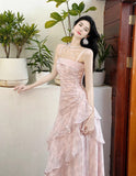 Ndyad Pink Spaghetti Straps Long Prom Dress Formal Dresses Chiffon Ruffles Layered Stunning 18th Birthday Party Dresses HZ1024