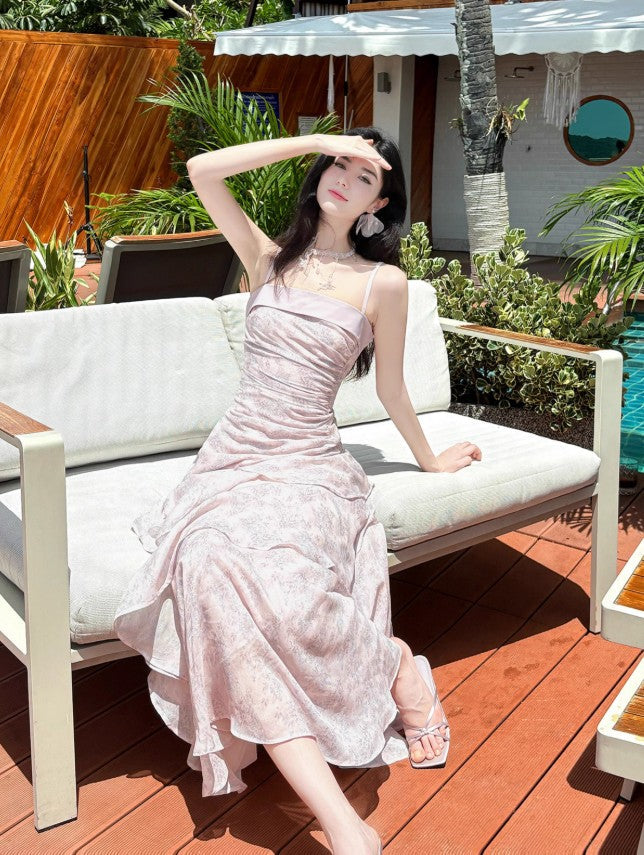 Ndyad Pink Spaghetti Straps Long Prom Dress Formal Dresses Chiffon Ruffles Layered Stunning 18th Birthday Party Dresses HZ1024