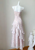 Ndyad Pink Spaghetti Straps Long Prom Dress Formal Dresses Chiffon Ruffles Layered Stunning 18th Birthday Party Dresses HZ1024