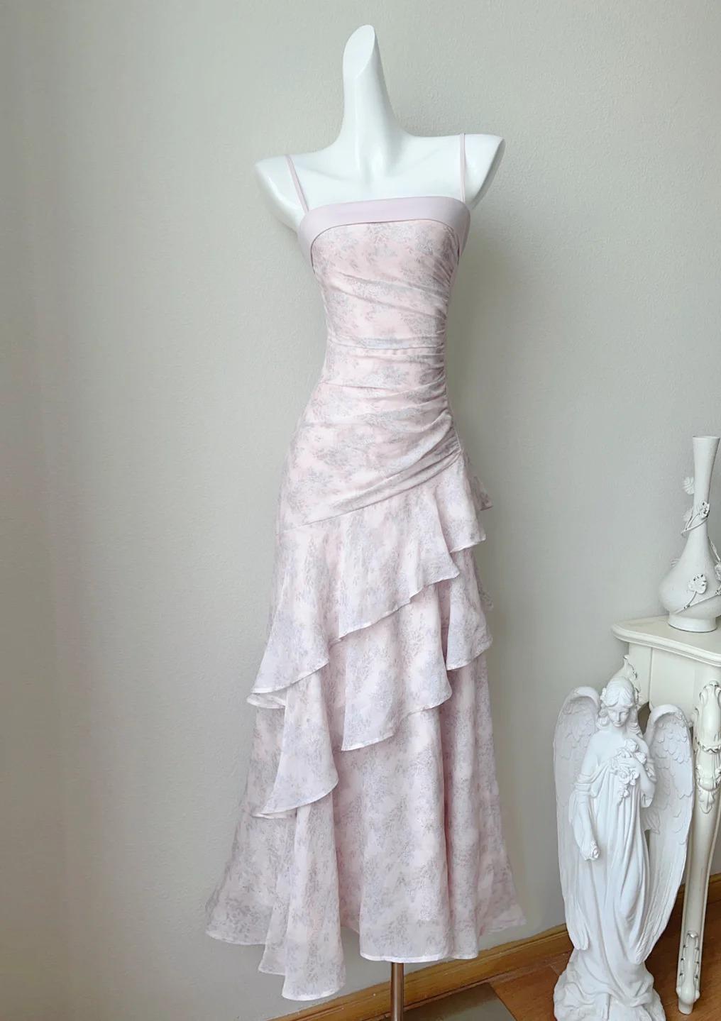Ndyad Pink Spaghetti Straps Long Prom Dress Formal Dresses Chiffon Ruffles Layered Stunning 18th Birthday Party Dresses HZ1024