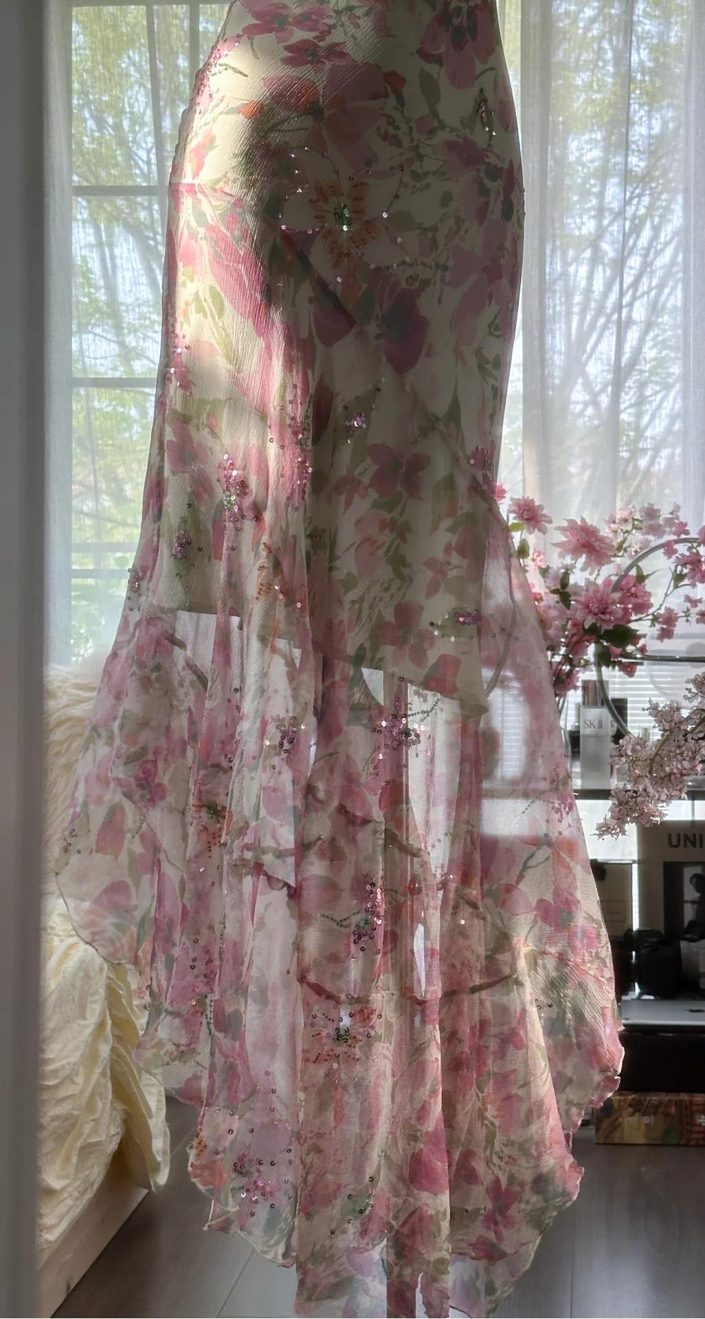 Ndyad Printed Chiffon Sequin Mermaid Formal Dresses Spaghetti Strap Vintage Evening Dress HZ1024
