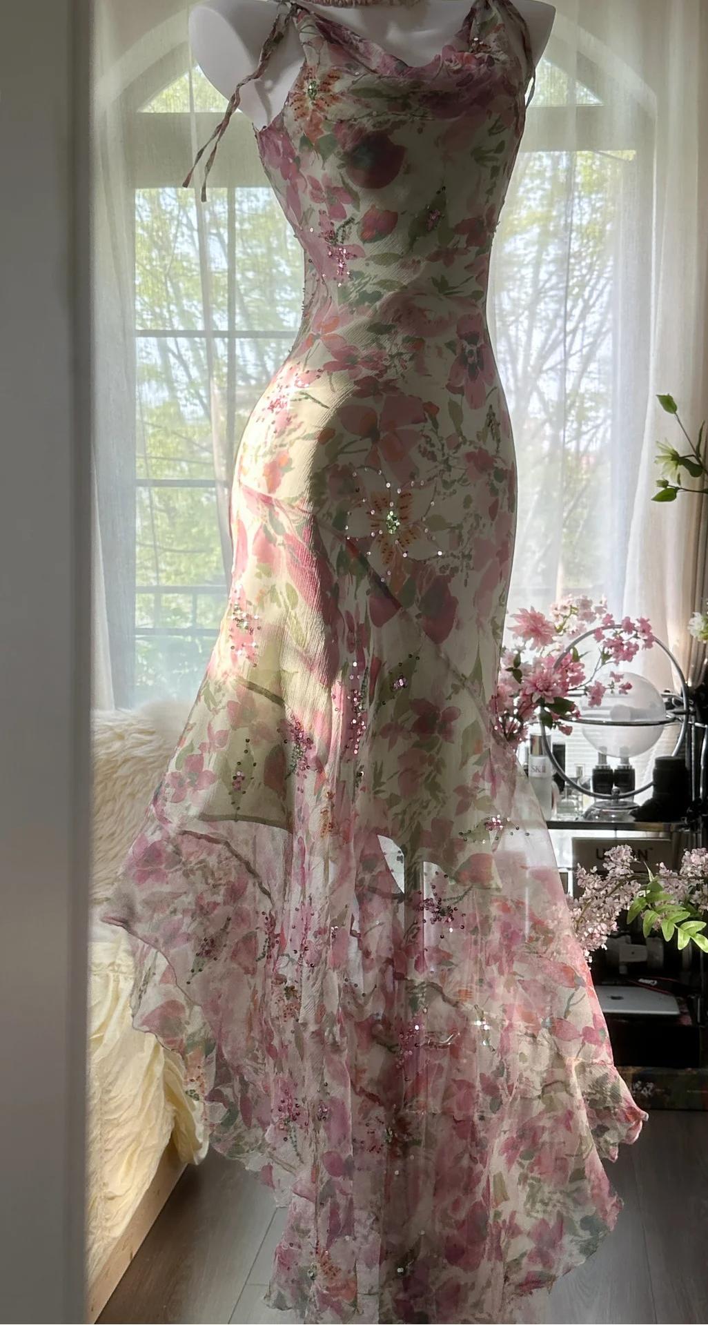 Ndyad Printed Chiffon Sequin Mermaid Formal Dresses Spaghetti Strap Vintage Evening Dress HZ1024