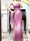 Ndyad Retro Gradient Fuchsia Spaghetti Straps Satin Open Back Elegant Long Prom Dresses HZ1024