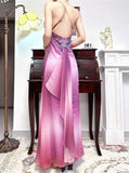 Ndyad Retro Gradient Fuchsia Spaghetti Straps Satin Open Back Elegant Long Prom Dresses HZ1024
