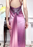 Ndyad Retro Gradient Fuchsia Spaghetti Straps Satin Open Back Elegant Long Prom Dresses HZ1024