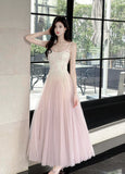 Ndyad Pink Purple Lace Tulle Spaghetti Strap A-Line Prom Dresses HZ1024