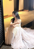 Ndyad Pink Purple Lace Tulle Spaghetti Strap A-Line Prom Dresses HZ1024